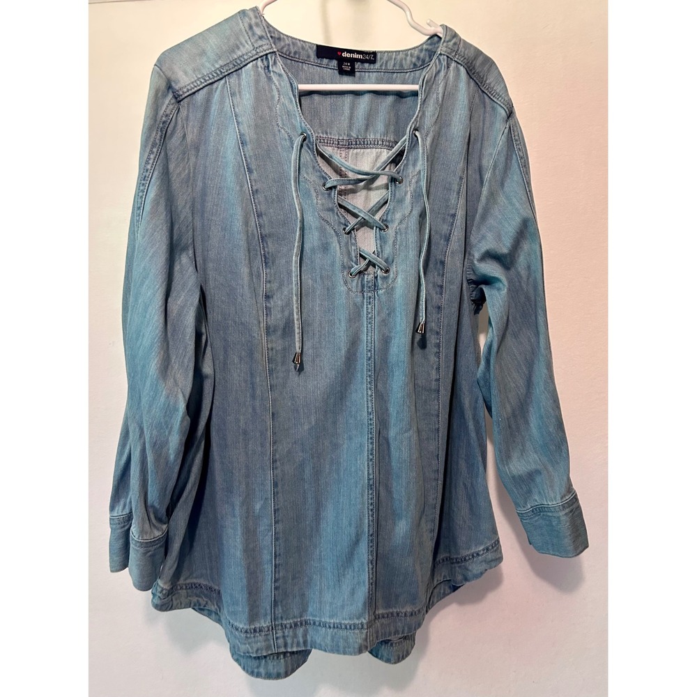 Denim 24/7 Womens Blue Lace Up Denim Tunic Top Plus Size 24W Cotton Blouse
